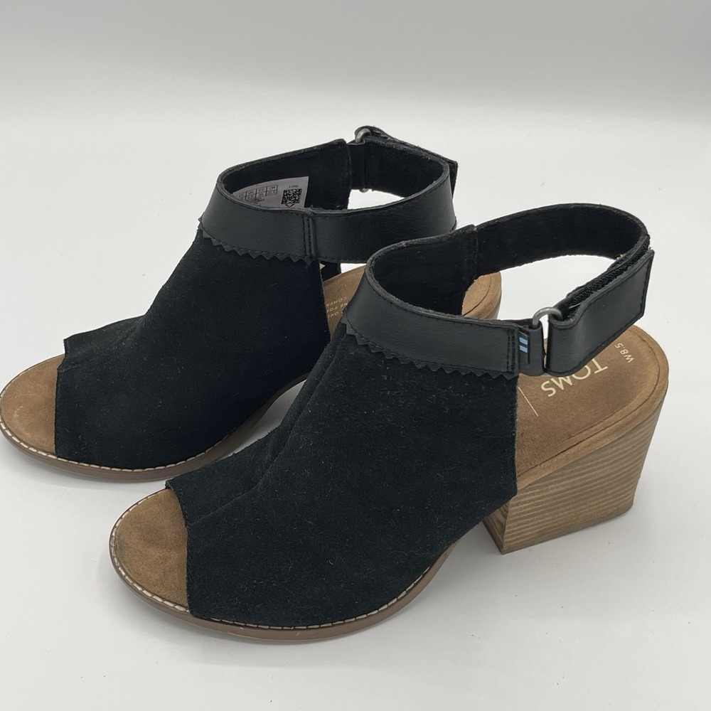 Toms Grenada Size 8.5 100% Suede Peep Toe Sandal Heels Black Fall